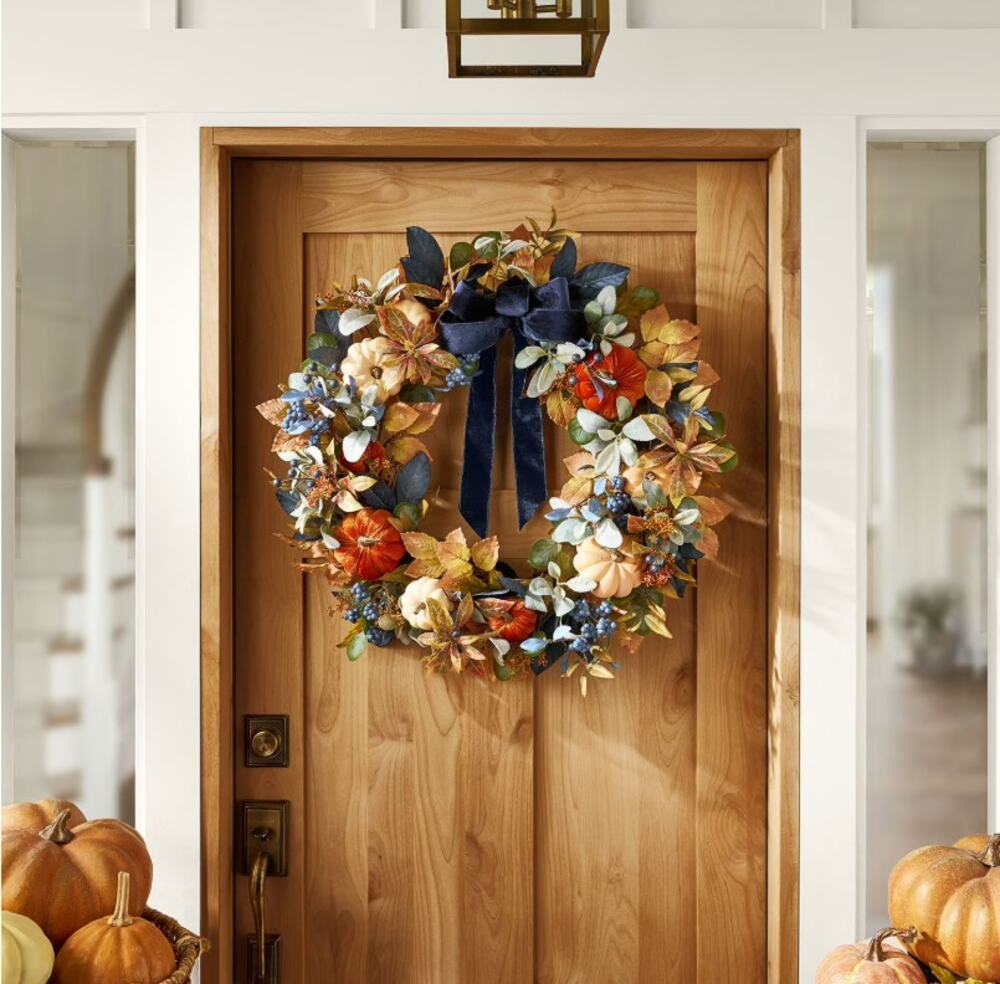 Member's Mark 30" Blue Harvest Wreath with Velvet Bow, Soft Pumpkins - Luxurious